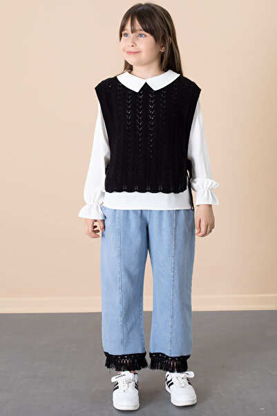 Cansın Mini Black Lace Sweater and Jean Trousers Girl's 3 Piece Set 20683