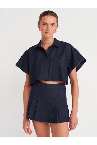 Dilvin 50512 Curved Sleeve Crop Shirt-Navy Blue