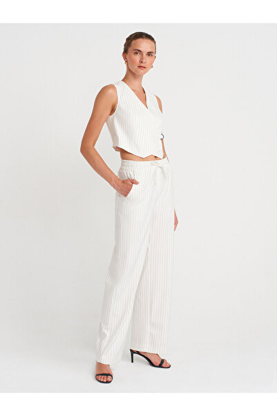 Dilvin 60597 Асиметричний V-подібний комір у смужку Блейзер-жилет-білий