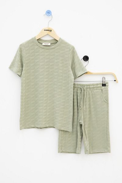 Cansın Mini Khaki Square Patterned Crew Neck T-Shirt Boys Shorts Suit 20783