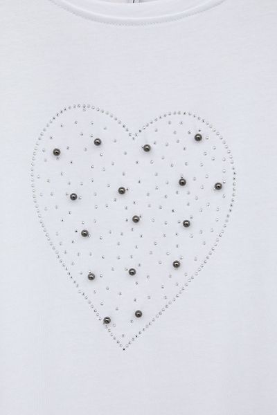 Cansın Mini Ecru Sequined Heart Patterned Short Sleeve Girl's Oversize T-Shirt 20791