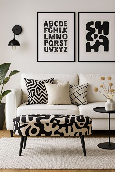 WEBPANYA Retro Siyah Gürgen Ahşap Ayaklı Geniş Oturum Alanlı Özel Tasarım Bohem Oval Puf Bench