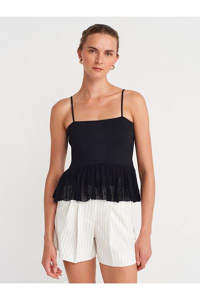 Dilvin 10790 Thin Strap Flounce Knitwear Blouse-Black