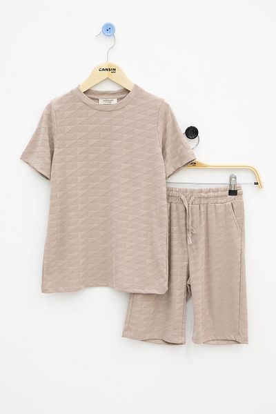 Cansın Mini Tricou cu decolteu cu model pătrat maro pentru băieți cu pantaloni scurți 20784