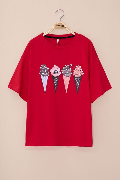 Cansın Mini Red Ice Cream Printed Stone Girl's Short Sleeve Oversize T-Shirt 20794