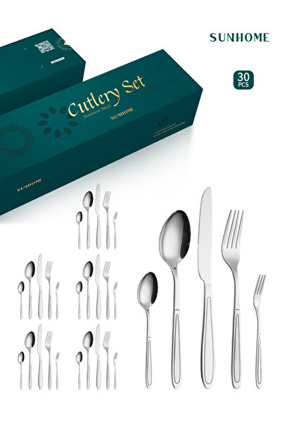 Sunhome طقم أدوات مائدة من الفولاذ المقاوم للصدأ مكون من 30 قطعة باللون الفضي