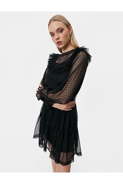 Koton Belted Crew Neck Mini Lacy Dress