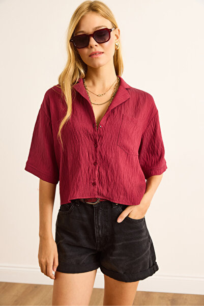 Olalook Women's Burgundy Single Pocket Transparent Stripe Crop Shirt Gml-19001384