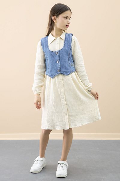 Cansın Mini Cream Jean Vest Long Sleeve Girls 2-Piece Muslin Dress 20668