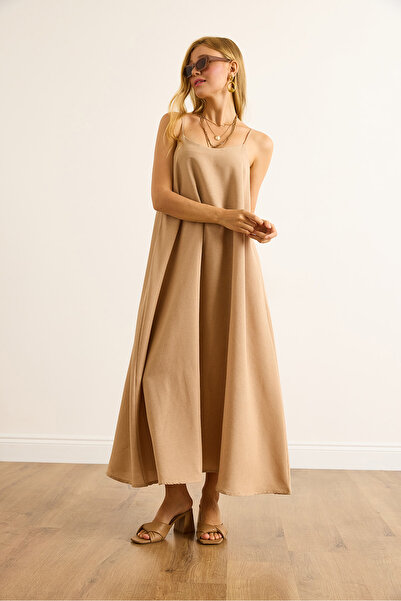 Olalook Women's Camel Strap Adjustable Linen Bell Dress Elb-19002527