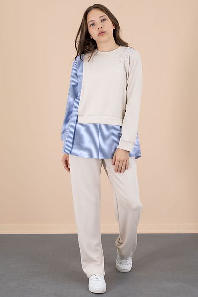 Cansın Mini Beige Stripe Patterned Stone Detailed Blouse and Girl's Belted Trousers 2 Piece Set 20658