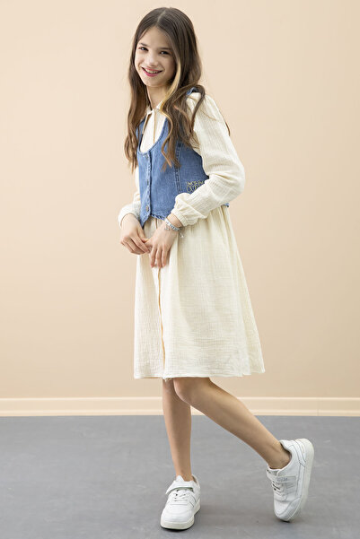 Cansın Mini Krem Jean Yelekli Uzun Kol Kız Çocuk 2li Müslin Elbise 20668