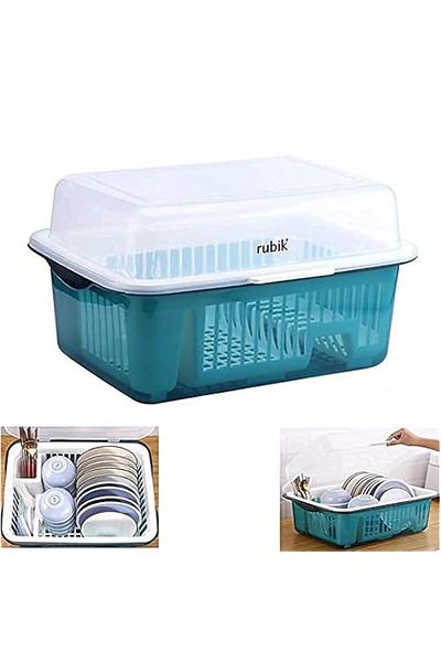Generic Rubik Covered Dish Drying Storage Rack Kitchen Tableware Dish Drainer with Transparent Lid Cover (L