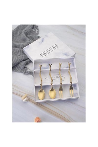 Generic ZestiHome - 4pcs Gold Stainless Steel Spoons and forks Stirring Coffee Branch Shaped Spoons for Des