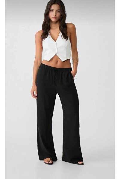 OurStyles Wide Leg!!! Women's Waist Elastic Lace Side Pocket Detail Palazzo Pants (Linen Mixed)