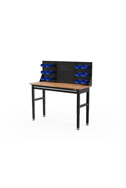 HBM Machines HEIGHT ADJUSTABLE WORKBENCH WITH WOODEN TOP, 1 DRAWER AND TOOL ORGANIZER PANEL 152CM