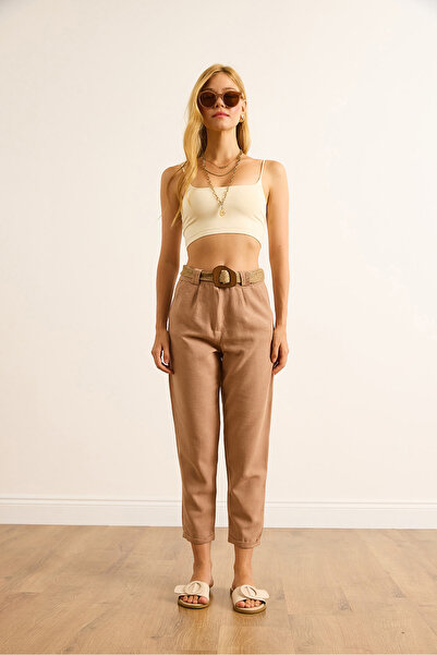 Olalook Women's Camel Double Leg Belted Linen Carrot Trousers Pnt-19000359