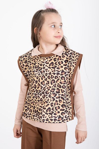 Cansın Mini Tan Leopard Patterned Sweater and Badi Girl's Trousers 3 Piece Set 20528