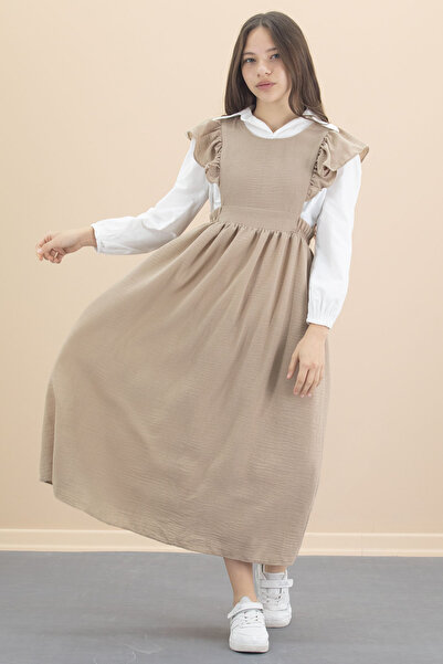 Cansın Mini Bej Fırfır Detaylı Uzun Kol Gömlekli Kız Çocuk Uzun Kesim Elbise 20555