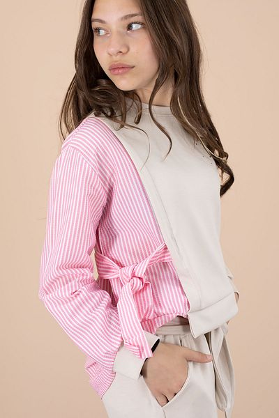 Cansın Mini Pink Line Patterned Stone Detailed Blouse and Girl's Belted Trousers 2 Piece Set 20659