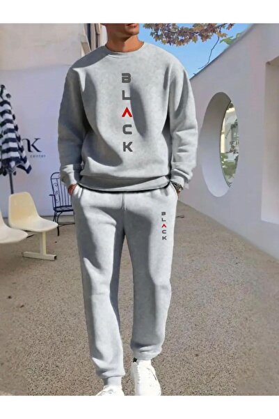 FUFLUNS طقم بدلة رياضية سوداء مطبوعة للجنسين برقبة دائرية كبيرة الحجم