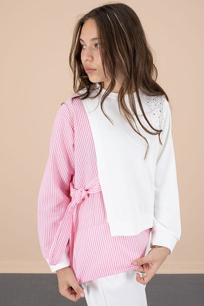Cansın Mini Pink Line Patterned Stone Detailed Blouse and Girl's Belted Trousers 2 Piece Set 20656