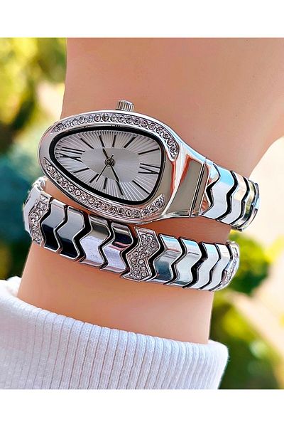İSTLİV Silver Color Stone Snake Model Women's Wristwatch