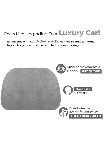AGC Memory Foam Car Headrest Cushion for Neck and Head Support Adjustable Strap HC-1012 Gray