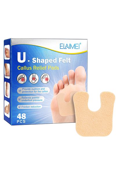 ELAIMEI U-Shaped Callus Pads, Self-Stick Foot Cushions for Pain Relief, Foot Care 48Pcs