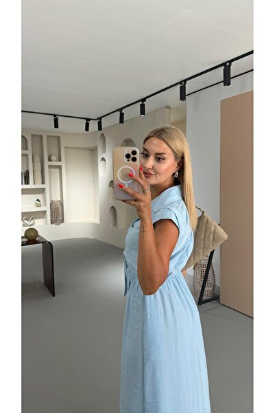 Sezgi Tekin Boydan Düğmeli Bağlama Detay Bebek Mavi Gömlek Elbise