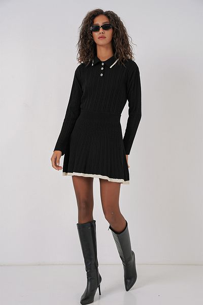 Merterium Women's Polo Neck Sweater Skirt Knitwear Double Set Black 1087