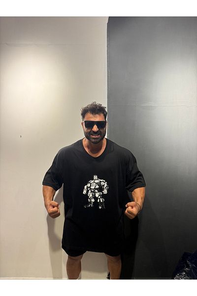Bas Body FitnessWear Battal Large Size Black Hulk Printed V-Neck Combed Cotton T-Shirt