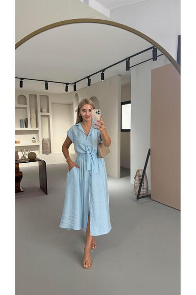 Sezgi Tekin Boydan Düğmeli Bağlama Detay Bebek Mavi Gömlek Elbise