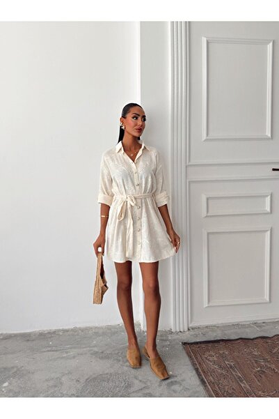 rengamoda Γυναικείο φόρεμα πουκάμισο με λεπτομέρεια από λινό ύφασμα με ζώνη