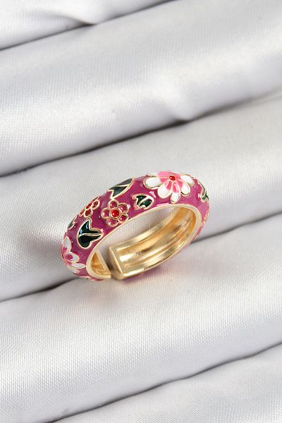 STİLLOVE Brass Fuchsia Enamel Flower Motif Gold Color Adjustable Women's Ring