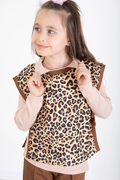 Cansın Mini Tan Leopard Patterned Sweater and Badi Girl's Trousers 3 Piece Set 20528