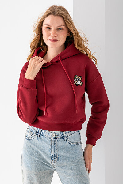 GİYSA Hanorac crop cu 3 fire brodat ursuleț cu glugă pentru femei Roșu Claret...