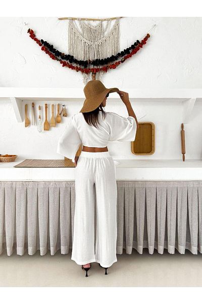 SUYA US WEAR Tie-Up Crop Shirt and Wide Leg Pants Set