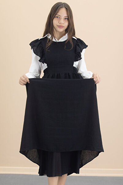 Cansın Mini Siyah Fırfır Detaylı Uzun Kol Gömlekli Kız Çocuk Uzun Kesim Elbise 20554