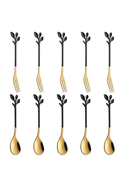 Generic AnSaw Stainless Steel Black & Gold Leaf Coffee Spoon Cake Fork- 10 Pcs Creative Tableware Dessert S