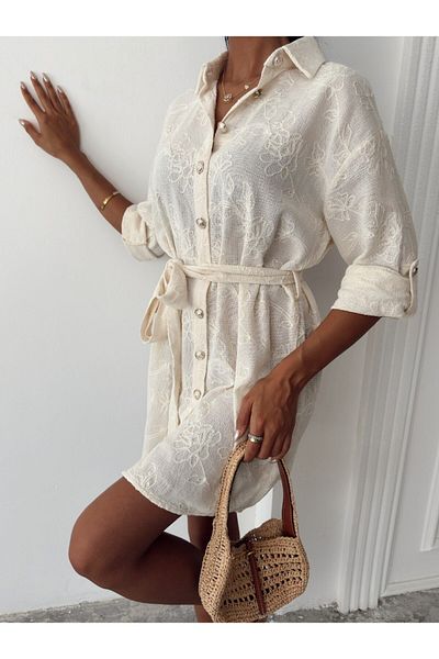 rengafashion Women's Embroidery Detailed Linen Fabric Belted Shirt Dress