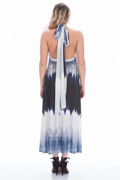 BYŞANS Women's Blue, Tie-Dye Patterned Neck Tie Dress 26A20831