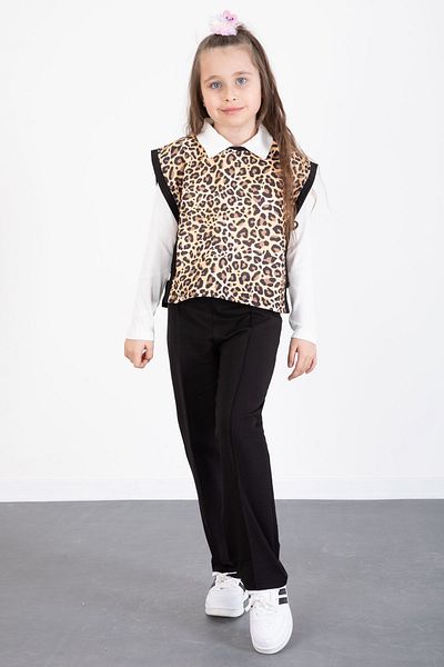 Cansın Mini Black Leopard Patterned Sweater and Badi Girl's Trousers 3 Piece Set 20527