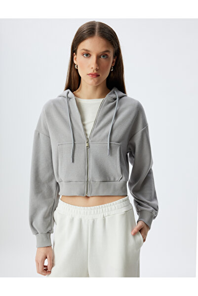 Koton Gray Women's Crop Hooded Sweatshirt