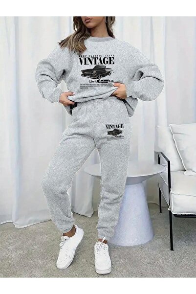 FUFLUNS طقم رياضي عتيق مطبوع للجنسين ذو رقبة دائرية كبيرة الحجم