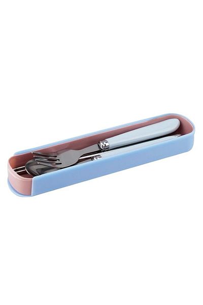 Generic Shallow Cutlery Set Box- 1 Spoon, 1 Fork and 1 Pair of Chopsticks- Stainless Steel - Blue