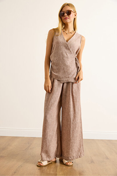 Olalook Women's Camel Wrap Blouse Pleated Trousers Suit Tkm-19000423