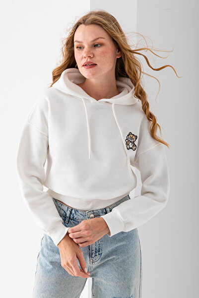 GİYSA Hanorac crop cu 3 fire brodat ursuleț cu glugă pentru femei alb - 2668