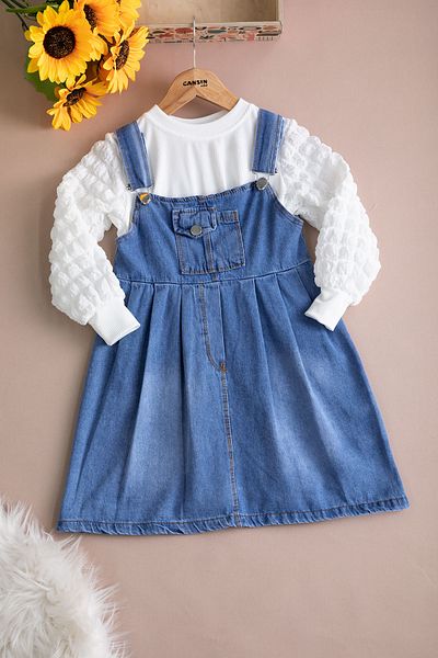Cansın Mini Blue Girl's 2-Piece Set with Chest Pocket, Salopet and Sleeve Detail 20511