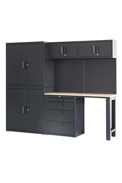 HBM Machines SET MOBILIER MODULAR METALIC PREMIUM PENTRU ATELIER 8 PIESE NEGR...